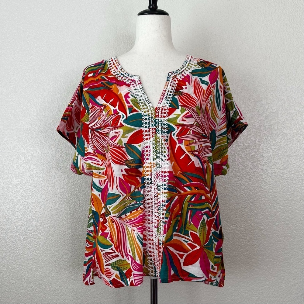 C&C California Colorful Palm Leaf Eyelet Trim Blouse, Sz Large